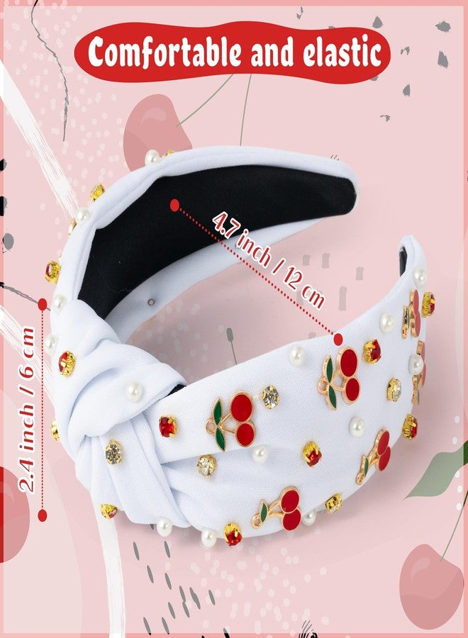 PANTIDE Cherry Jeweled Knotted Headband - Red Cherry Cute Charms Rhinestone Pearl Embellished Headband Wide Top Knot Non Slip Fashion Hairband Hair Accessories Birthday Gift for Women Girl (White) - Image 2